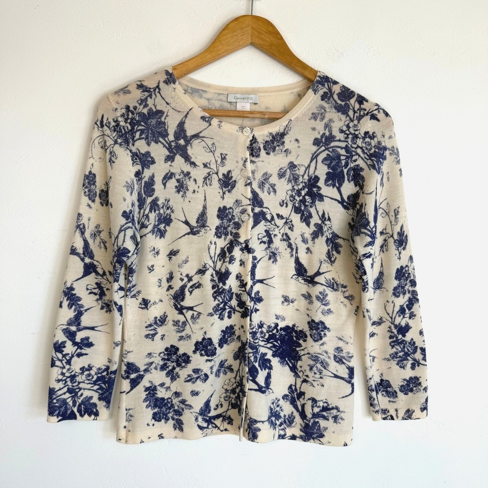 Garnet Hill 100% Merino Wool Cardigan Small Bird Floral Toile Cottagecore Preppy